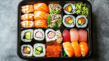 Aufkleber - Assorted sushi platter with various rolls and toppings in a black container on a textured gray background with copy space