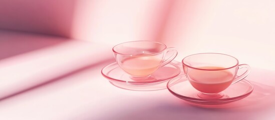 Aufkleber - Transparent glass tea cups on pink background with soft shadows and light reflections Copy Space