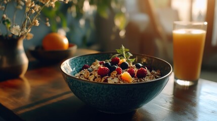 Poster - Healthy breakfast bowl with granola, fresh berries, and orange slices alongside a glass of juice with copy space for text.