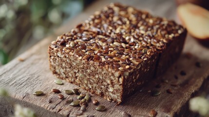 Poster - Freshly baked nutritious multi-seed bread loaf on wooden background with scattered seeds and natural elements Copy Space