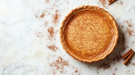 Poster - Pumpkin pie in a baked crust with cinnamon sticks and spice scattered on a light textured background with copy space