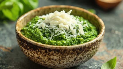 Poster - Bowl of fresh green pesto sauce topped with grated cheese on rustic stone background with copy space