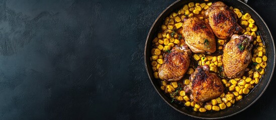 Poster - Grilled chicken thighs with roasted corn in a black skillet on a dark background with Copy Space