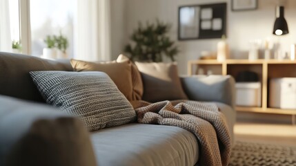 Poster - Modern living room interior with sofa, throw pillows, and blanket, natural light from windows, decorative elements in the background, Copy Space.