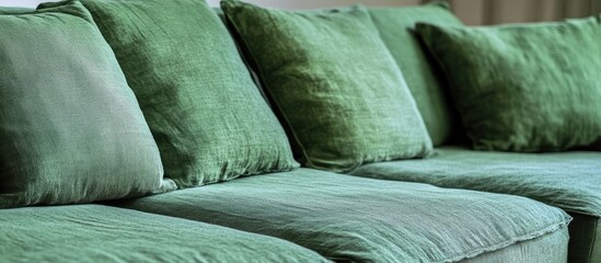 Poster - Green velvet couch with multiple textured cushions arranged in a casual manner showcasing soft fabric and modern interior design Copy Space