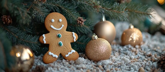 Poster - Gingerbread cookie decoration with golden Christmas ornaments on snow-covered surface under a Christmas tree Copy Space