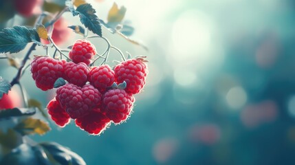 Poster - Freshly picked raspberries on vine with soft blurred background and natural light Copy Space