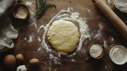Fototapete - Dough preparation on wooden table surrounded by ingredients including flour, eggs, nuts, and herbs with copy space for text