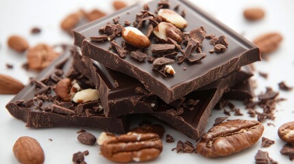 Poster - Dark chocolate pieces topped with crushed nuts and cocoa on a white background with Copy Space