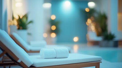 Poster - Luxury indoor swimming pool area with sun loungers and rolled towels in a serene environment Copy Space