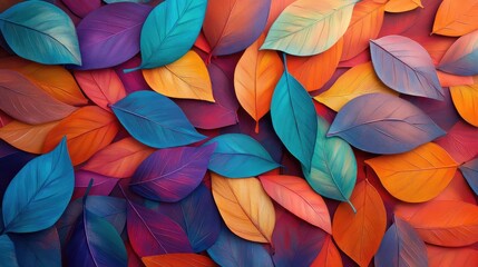 Poster - Colorful autumn leaves background texture with vibrant shades of orange, blue, and purple. Copy Space available for text placement.