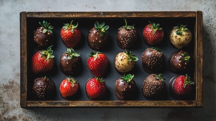 Aufkleber - Chocolate dipped strawberries arranged in a wooden tray with a plain background and ample copy space for text inclusion.