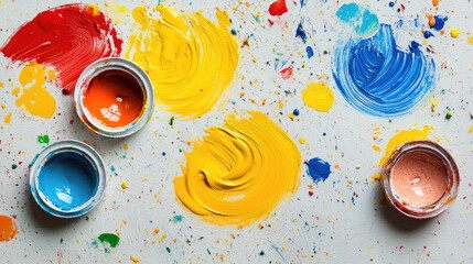 Poster - Colorful paint swatches and splatters on a white background with three open paint cans and copy space for creative projects.