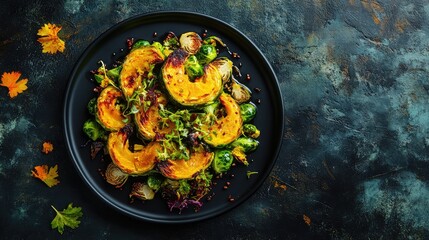 Aufkleber - Roasted squash and Brussels sprouts with microgreens on dark plate surrounded by autumn leaves Copy Space