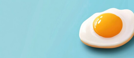 Poster - Fried egg with bright yellow yolk on a soft blue background with ample copy space for text placement
