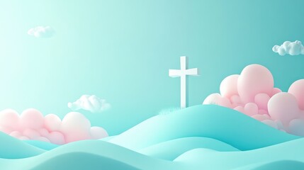 Poster - Abstract landscape with pastel colored hills, clouds and a prominent white cross against a soft blue background Copy Space