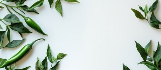 Aufkleber - Fresh green chili peppers and leaves arranged on a light background with ample Copy Space for text placement.