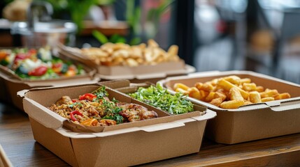 Aufkleber - Assorted takeout food in eco-friendly containers on a wooden table with copy space available for text