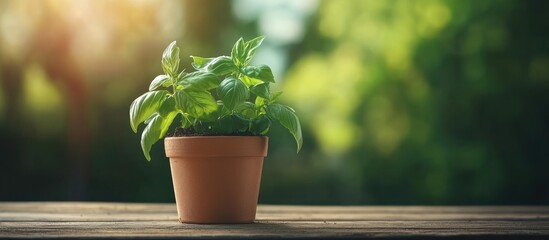 Aufkleber - Fresh basil plant in terracotta pot on wooden table with blurred green background and warm sunlight Copy Space
