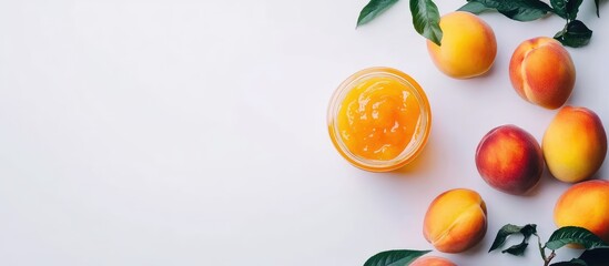 Aufkleber - Fresh peaches surrounded by leaves with a glass of peach jam on a white background with ample Copy Space.