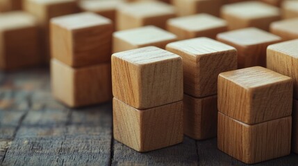 Poster - Wooden building blocks arranged on a rustic wooden surface with copy space for text.