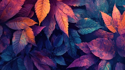 Aufkleber - Colorful autumn leaves in vibrant hues of orange, purple, and green with dark background and Copy Space for text placement