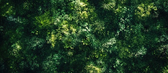 Poster - Aerial view of dense green forest foliage with diverse plant life and natural textures, ideal for nature and environment themes, Copy Space