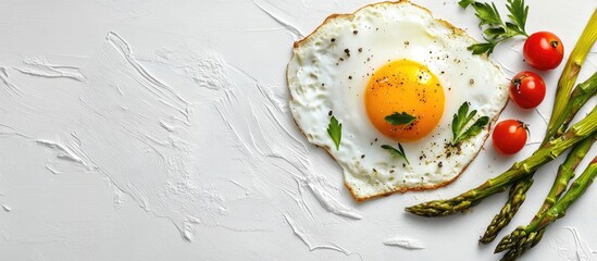 Poster - Fried egg on a white plate with cherry tomatoes and fresh asparagus arranged on a textured background Copy Space