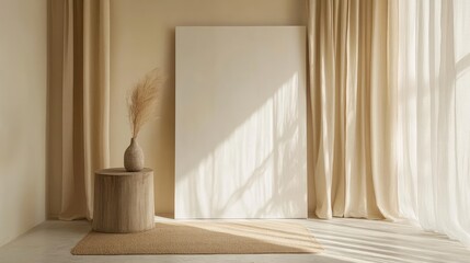 Poster - Minimalist interior design with an empty canvas, beige curtains, a textured vase, and soft lighting in a contemporary space, Copy Space.