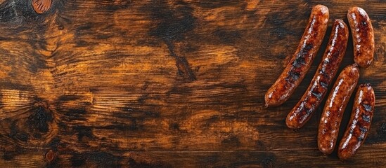 Aufkleber - Grilled sausages on a rustic wooden surface with Copy Space for text placement