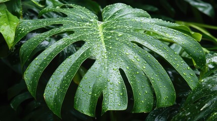 Poster - Monstera leaf with raindrops vibrant green foliage nature background Copy Space