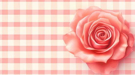Poster - Detailed close-up of a pink rose on a checkered pastel background with ample copy space for text placement.