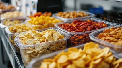 Aufkleber - Assorted dried fruits and vegetable chips in transparent containers on display in a retail setting Copy Space