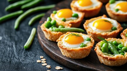 Poster - Mini quiches with green peas and eggs on a wooden serving platter with copy space for text