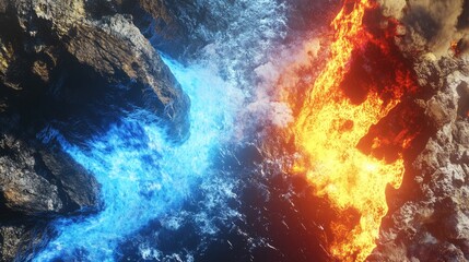 Poster - Contrasting Elements of Fire and Water Flowing Around Rocky Cliffs with Copy Space for Text