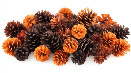 Poster - Assorted pine cones in warm autumn colors of orange and brown on a white background with Copy Space for text placement