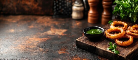 Poster - Fried onion rings served with green dipping sauce on rustic wooden board with copy space for text