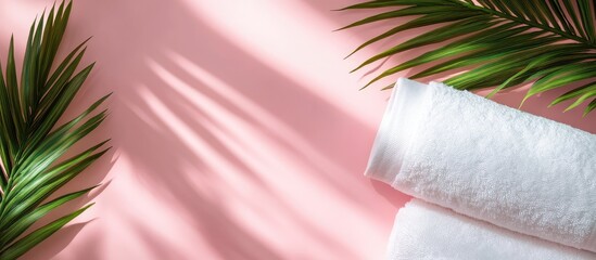 Leinwandbilder - White towels with green palm leaves on a pink background showing shadows and Copy Space for text placement.