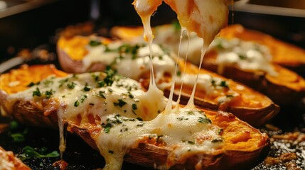 Wall Mural - Delicious baked sweet potatoes topped with melted cheese and herbs on a serving tray with Copy Space