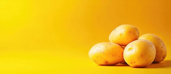 Aufkleber - Heap of fresh yellow potatoes on a bright yellow background with copy space for text.