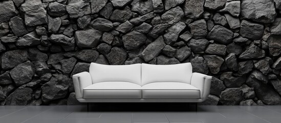 Poster - Modern white sofa against a textured dark stone wall with copy space for text.