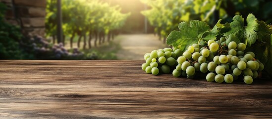 Vineyard landscape with green grapes on wooden table and blurred background of rows of grapevines in warm sunlight Copy Space