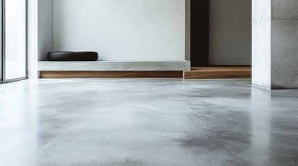 Poster - Modern minimalist interior with concrete flooring and large windows natural light creating a spacious atmosphere Copy Space