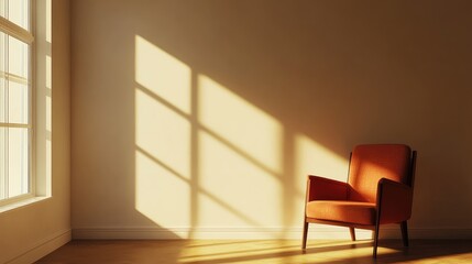 Poster - Minimalist interior with orange chair and sunlight shadows on wall, Copy Space available for text placement