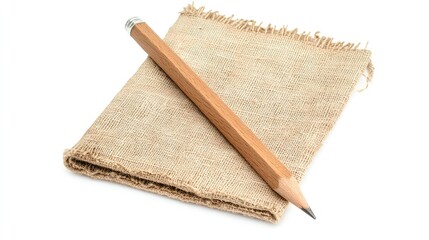 Poster - Wooden pencil on top of a textured burlap notebook with frayed edges Copy Space