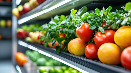 Poster - Fresh fruits and vegetables displayed on shelves in grocery store, showcasing vibrant colors and healthy options. arrangement highlights appeal of fresh produce