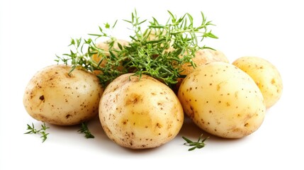 Aufkleber - Fresh unpeeled potatoes with thyme leaves arranged on a white background Copy Space