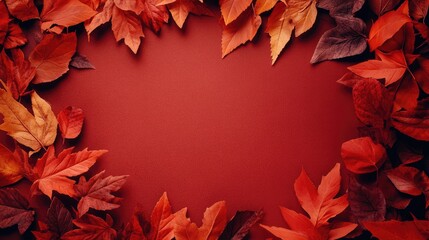 Aufkleber - Autumn leaves in various shades of red and orange arranged around a deep red background with copy space in the center