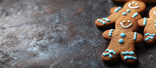 Poster - Gingerbread cookies with blue icing on dark stone background with Copy Space for text