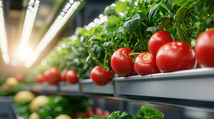 Aufkleber - Fresh tomatoes and vibrant greens in vertical farming system, showcasing sustainable agriculture and modern technology. scene captures essence of healthy living and innovation